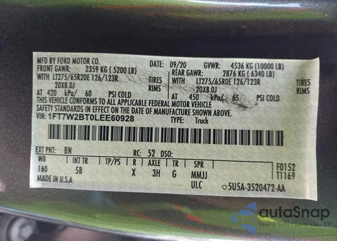 2019 Ford F-250 Lariat from USA, damaged, VIN 1FT7W2BT5KEE60928